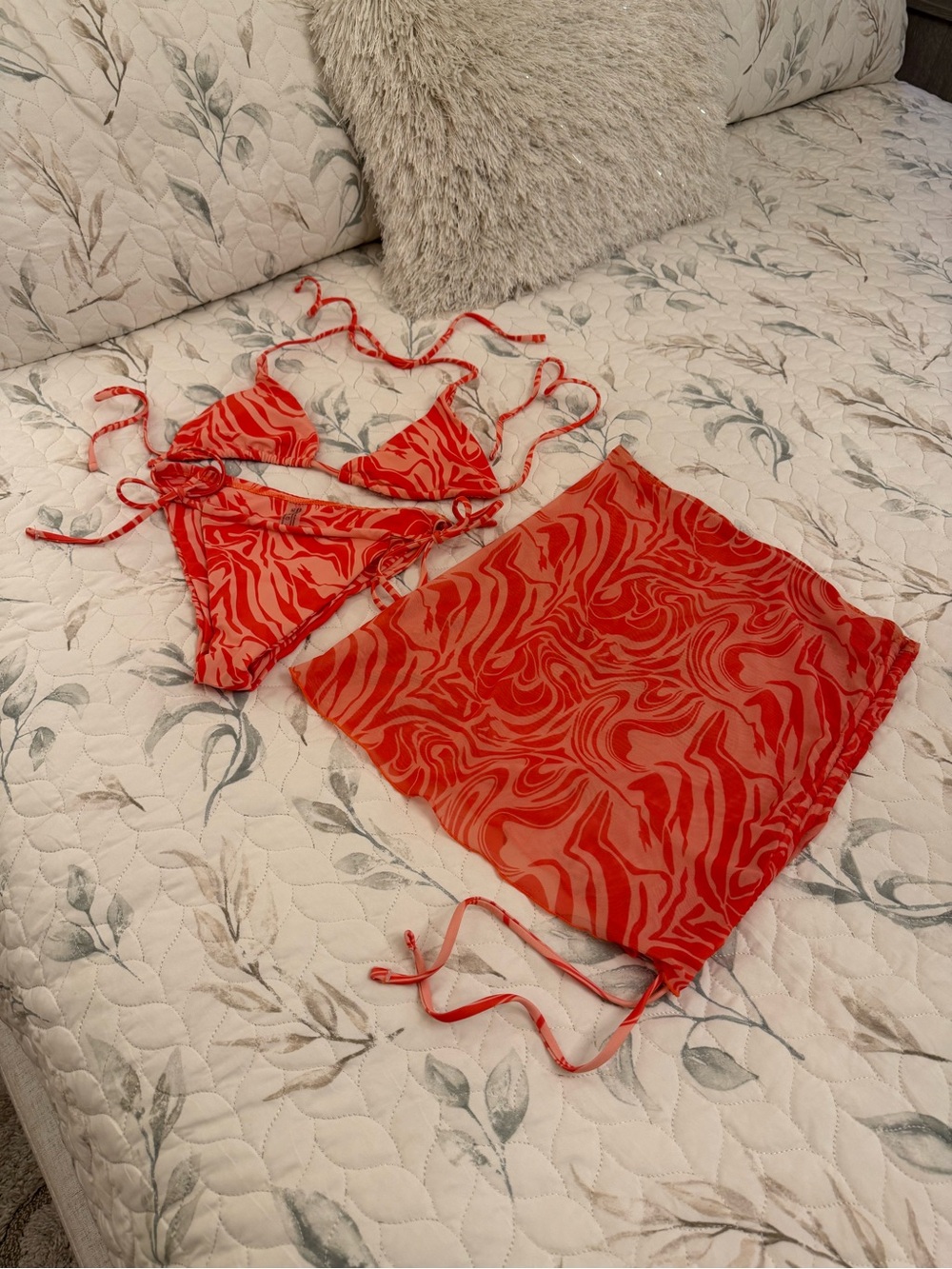 coral Swirl Mesh Bikini Top & Matching Skirt Set